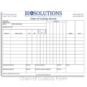 Biosolutions, LLC Chain of Custody form, provided in press-ready and fillable PDF format.