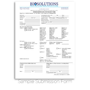 Biosolutions, LLC Drinking Water Analysis form, provided in press-ready and fillable PDF format.