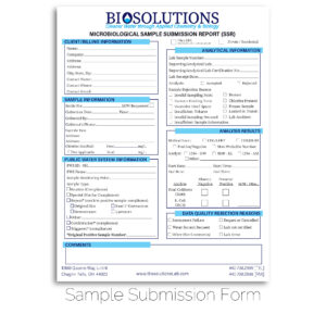 Biosolutions, LLC microbiological sample submission form, provided in fillable PDF format.