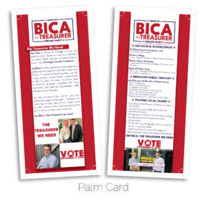 Joe Bica for Portage County Treasurer palm card.