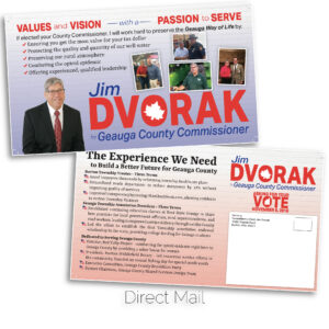 Jim Dvorak for Geauga County Commissioner general election introductory mail piece.