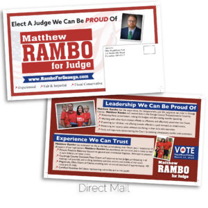Matt Rambo for Judge direct mail introductory piece.