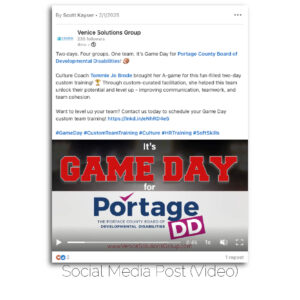 Venice Solutions Group social media post with video recap of in-person Game Day custom team training for the Portage County Department of Developmental Disabilities.